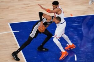 Victor Wembanyama celebrating his 32-point 8-rebound 6-assist performance in Spurs 115-111 Game 3 win over Knicks at Madison Square Garden cutting 2026 NBA Finals series to 2-1