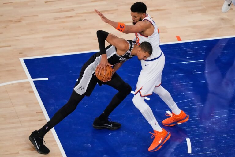Victor Wembanyama celebrating his 32-point 8-rebound 6-assist performance in Spurs 115-111 Game 3 win over Knicks at Madison Square Garden cutting 2026 NBA Finals series to 2-1
