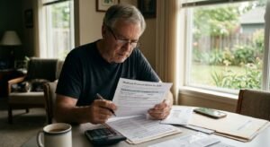 Retiree reviewing Medicare Part B premium notice showing $202.90 monthly cost and IRMAA surcharge letter from Social Security Administration in 2026