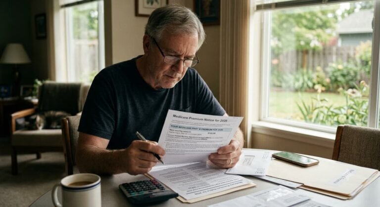 Retiree reviewing Medicare Part B premium notice showing $202.90 monthly cost and IRMAA surcharge letter from Social Security Administration in 2026