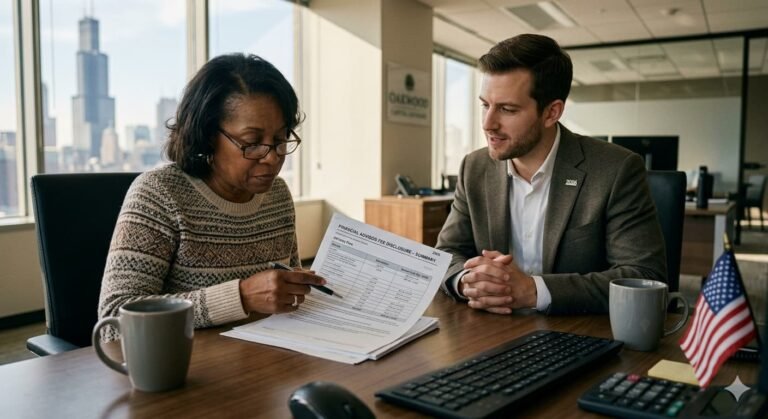 Client reviewing financial advisor fee disclosure document showing 1% AUM annual fee representing $5,000 cost on $500,000 portfolio that is automatically deducted from investment account in 2026