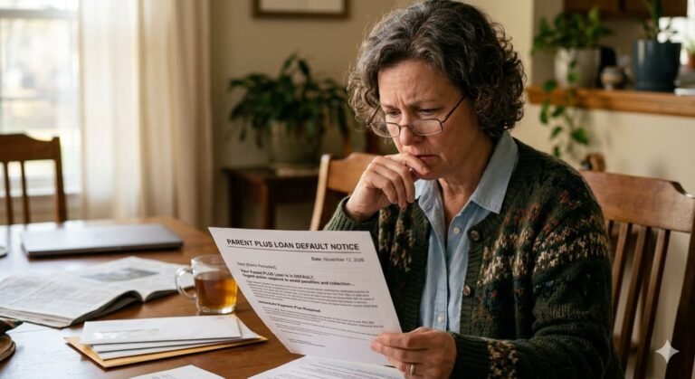 Older parent reviewing Parent PLUS loan default notice representing high-risk borrower category facing Social Security garnishment as federal student loan collections restart after multi-year pause in 2026