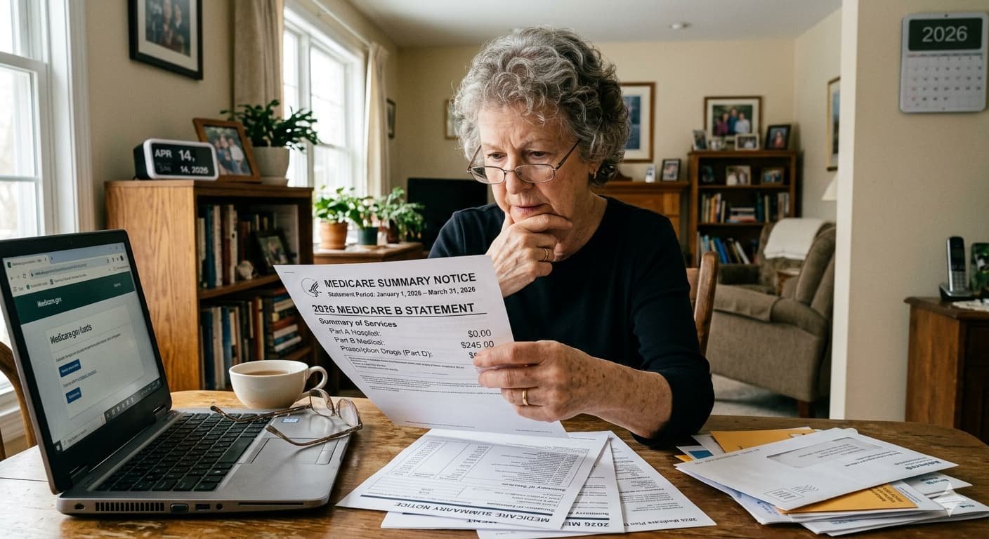 Senior reviewing Medicare statement showing automatic Part B deduction from Social Security check in 2026
