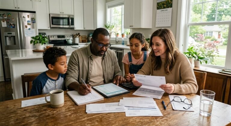 American family at kitchen table reviewing household expenses representing impact of rising PCE inflation core reading of 3.3 percent and falling personal savings rate in mid-2026