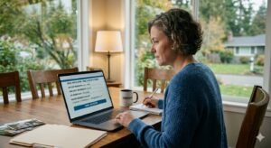 Homeowner reviewing HELOC application on laptop representing $34 trillion in American home equity available to borrow with average HELOC rate of 7.21% in June 2026
