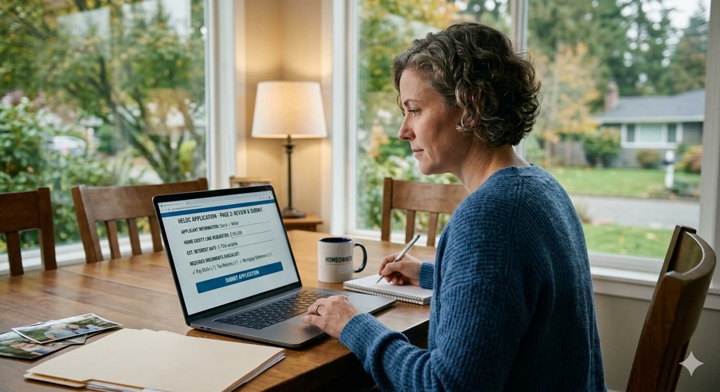 Homeowner reviewing HELOC application on laptop representing $34 trillion in American home equity available to borrow with average HELOC rate of 7.21% in June 2026