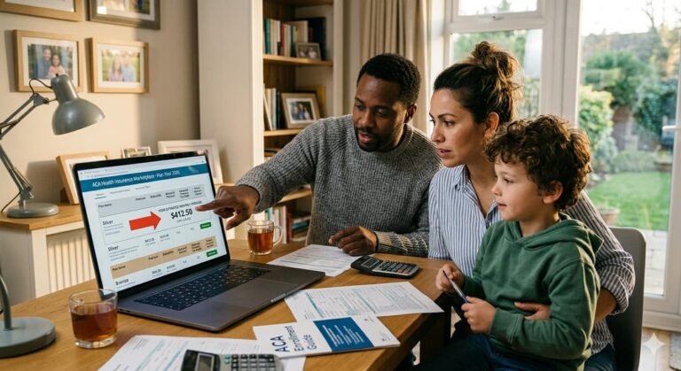 Family reviewing ACA marketplace health insurance premium increase notice showing 26 percent average rise for 2026 coverage year
