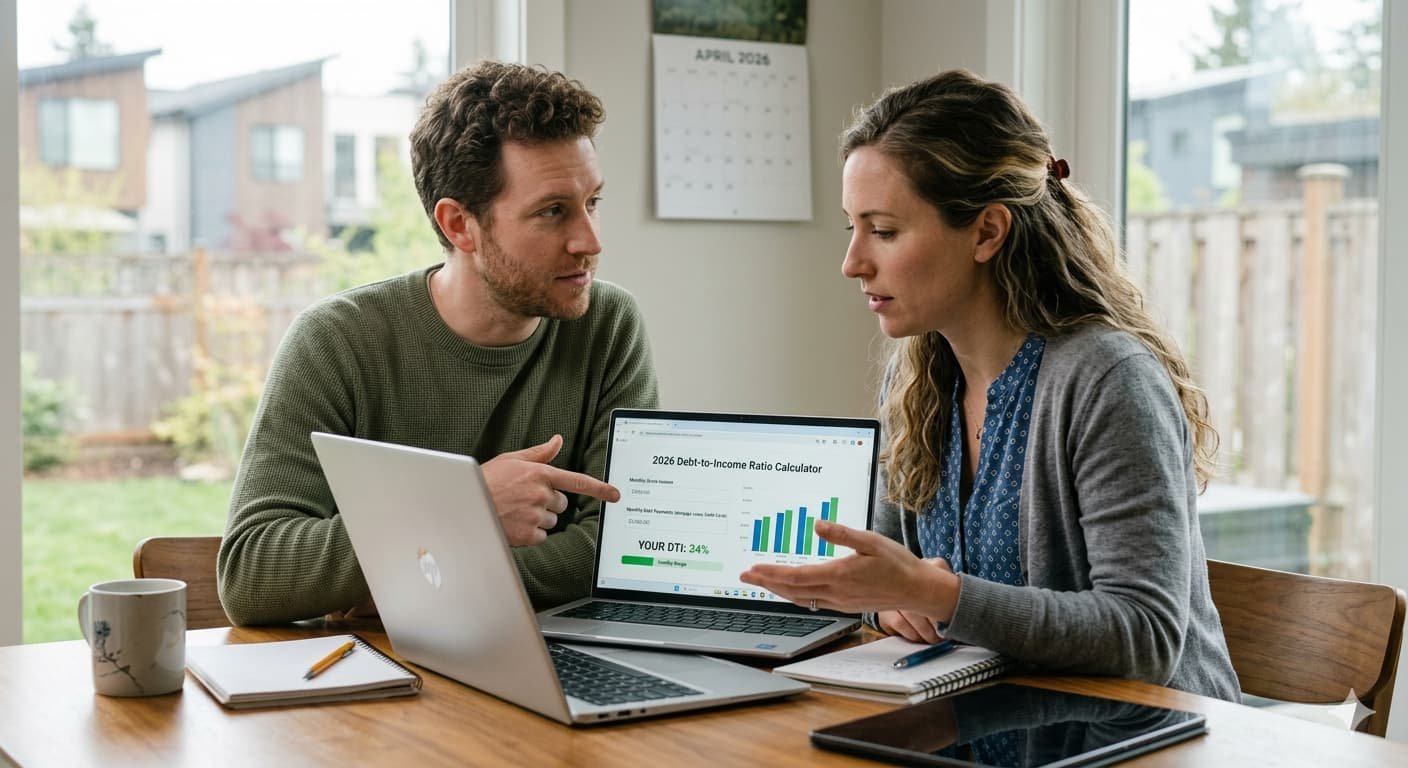 Couple reviewing debt-to-income ratio calculation on laptop before submitting mortgage application representing 48% of buyers denied due to DTI in 2026 housing market