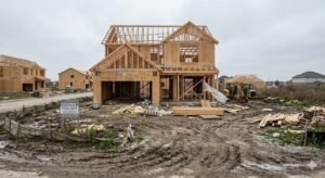 Construction site with stalled single-family home framing representing 15.4 percent drop in US housing starts to five year low in May 2026