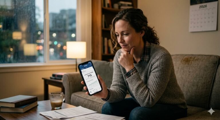 American borrower reviewing credit score on phone showing 715 average FICO score and strategies to reach 740 threshold for best mortgage rates and loan terms in 2026