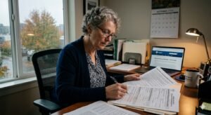 Divorced woman reviewing Social Security application representing divorced spouse benefit eligibility for marriages lasting 10 or more years without notifying ex-spouse in 2026