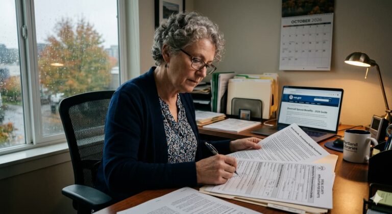 Divorced woman reviewing Social Security application representing divorced spouse benefit eligibility for marriages lasting 10 or more years without notifying ex-spouse in 2026