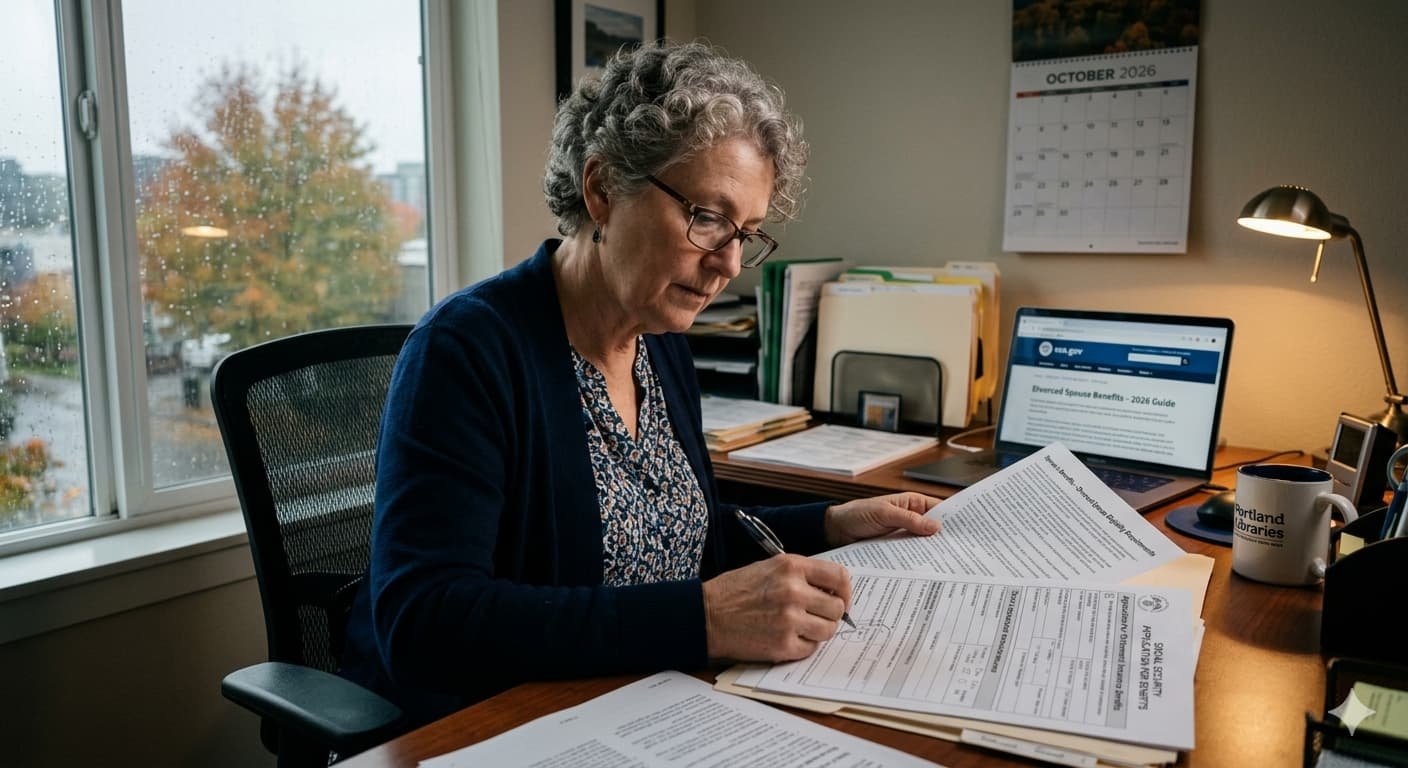 Divorced woman reviewing Social Security application representing divorced spouse benefit eligibility for marriages lasting 10 or more years without notifying ex-spouse in 2026