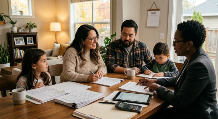 American family reviewing mortgage documents representing housing affordability crisis as 30-year rates average 6.52% in June 2026
