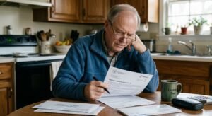 Retiree reviewing Medicare Part B premium notice at kitchen table showing $202.90 monthly cost and IRMAA surcharge letter from Social Security Administration in 2026