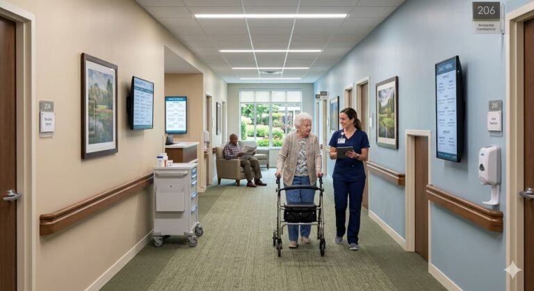 Nursing home hallway representing rising long-term care costs as national median reaches 9342 dollars monthly for semi-private room in 2026