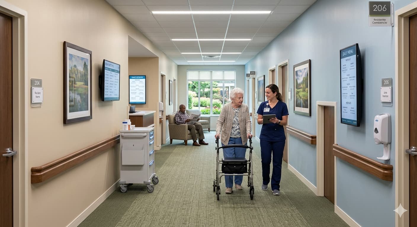 Nursing home hallway representing rising long-term care costs as national median reaches 9342 dollars monthly for semi-private room in 2026