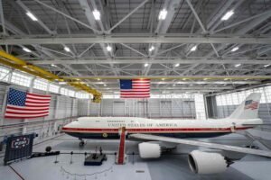 President Trump touring the interior of the new Boeing 747 gifted by Qatar at Joint Base Andrews Maryland on June 19 2026