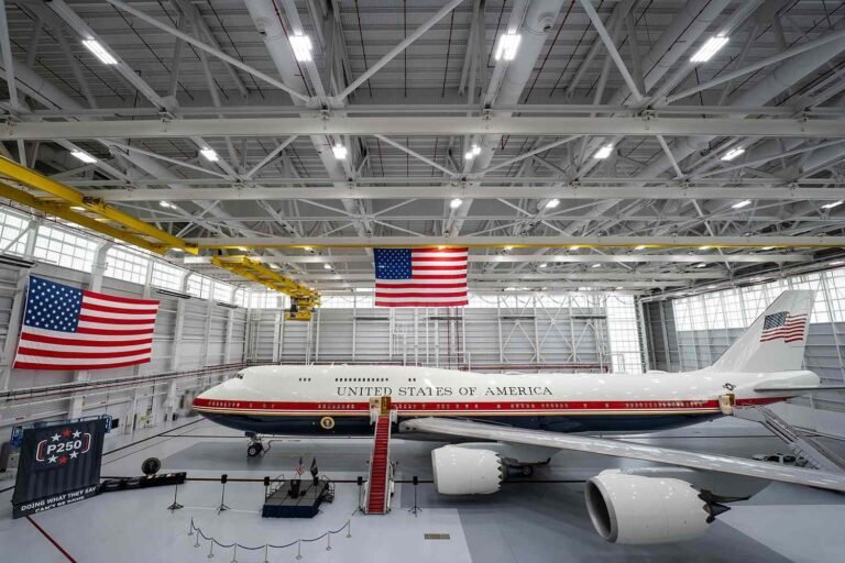 President Trump touring the interior of the new Boeing 747 gifted by Qatar at Joint Base Andrews Maryland on June 19 2026