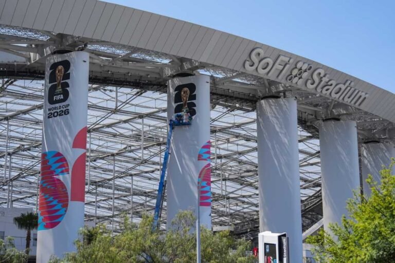 SoFi Stadium exterior in Inglewood California representing FIFA World Cup 2026 primary venue hosting 11 matches including July 19 final where 2,000 hospitality workers are threatening to strike